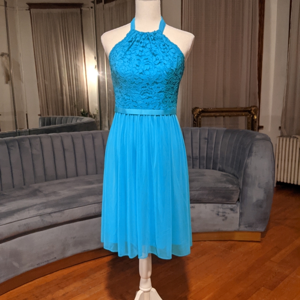 Lace Bodice Bow Tie Halter Bridesmaids Dress